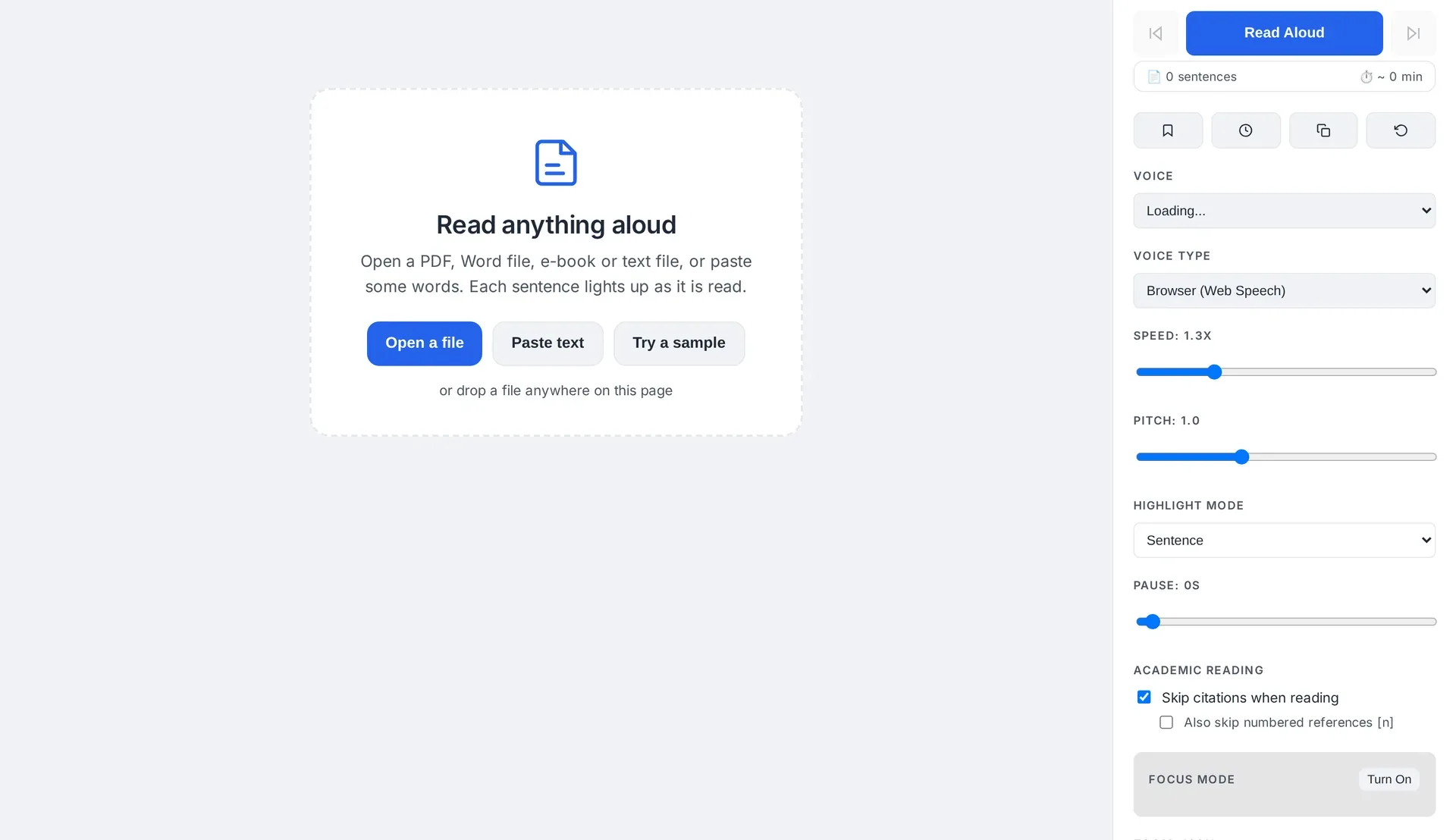 ReadThis Reader in a browser: open a file, paste text or try a sample, with voice, speed and highlight settings beside it