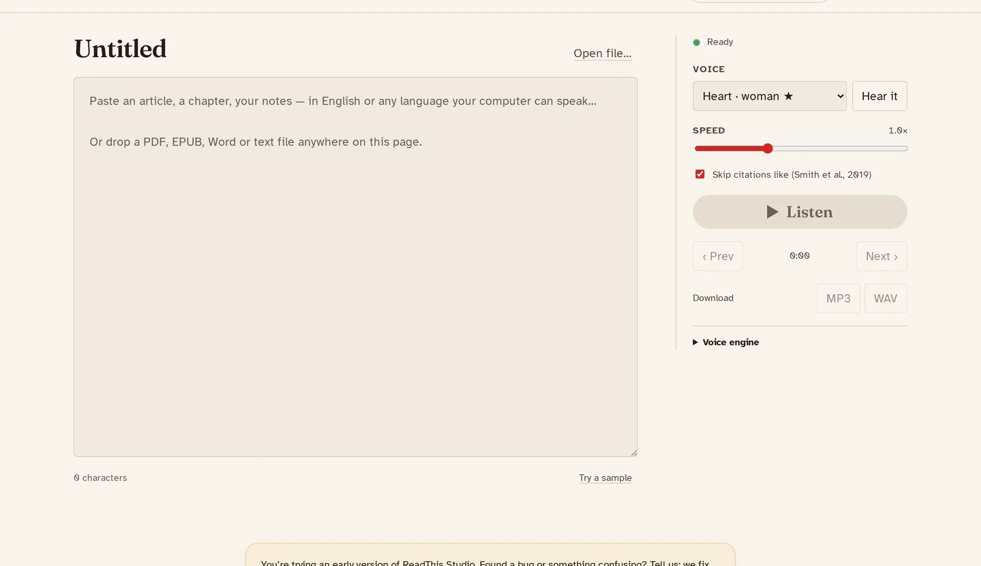 ReadThis Studio in a browser: a text box to paste or drop a file, a voice and speed picker, a Listen button and MP3 download